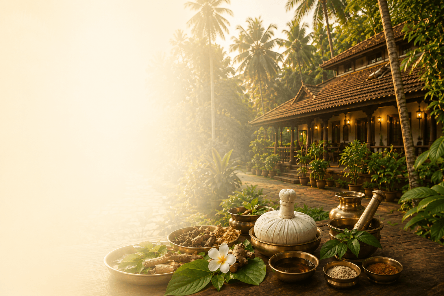 Ayurvedic herbs, oils and Kerala traditional house at Dheemahi Ayurveda