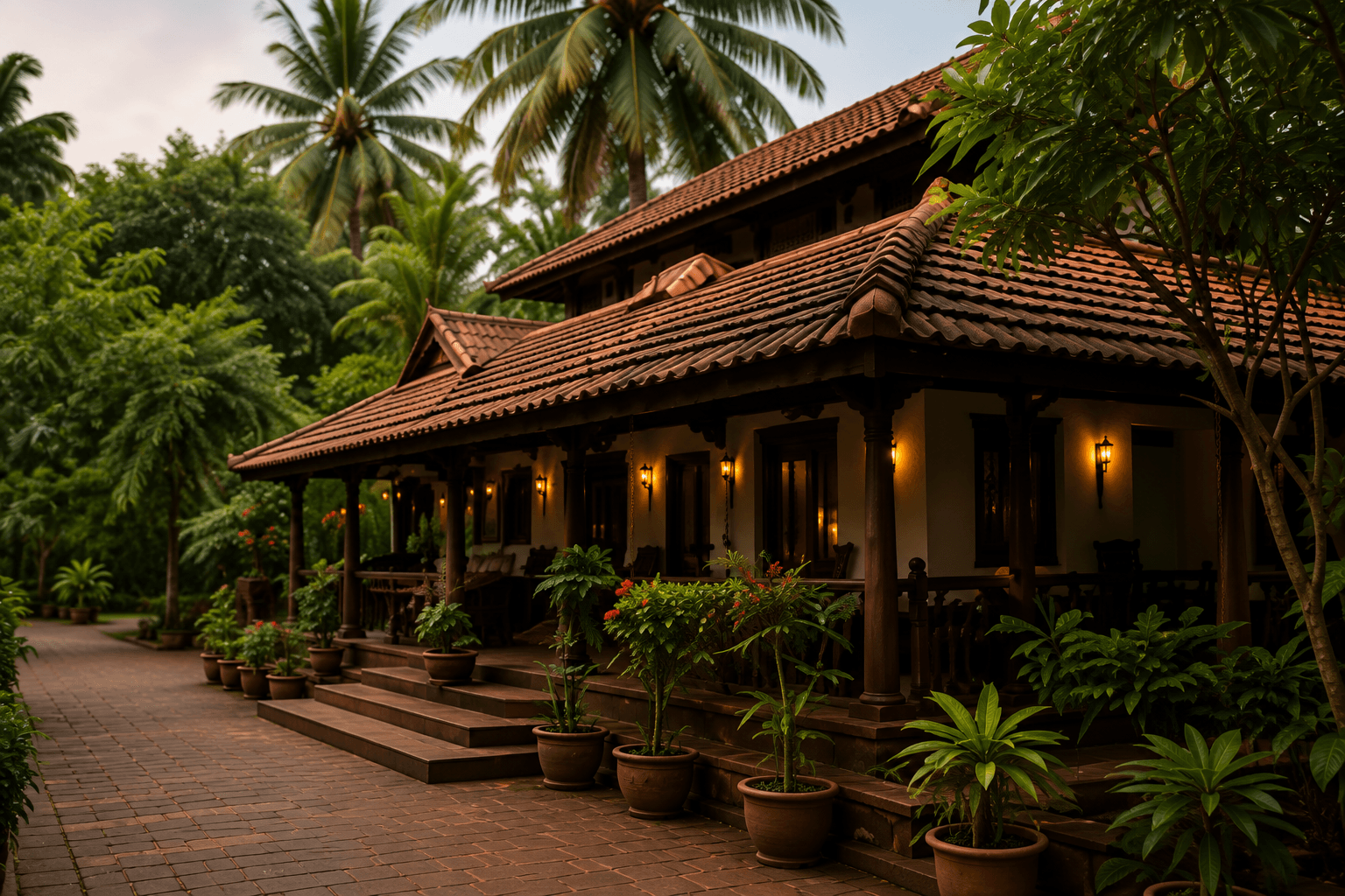 Traditional Kerala Ayurveda center surrounded by tropical greenery
